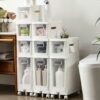 2/3/4-Tiers Bathroom Floor Storage Cabinet, White Plastic Unit Tower Narrow Storage Cabinet Organizer with Wheels for Kitchen, Bathroom, Bedroom,