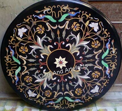 Gifts And Artefacts 42 x 42 Inches Nature Pattern Inlay Work Dining Table Black Round Shape Marble Center Table Top for Office Furniture Decor