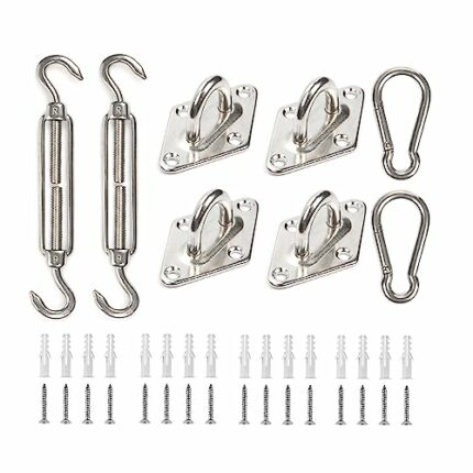 Hushtong Shade Sail Hardware Kit，M6 Pad Eye Plate and Carabiner Clips, Heavy Duty Sun Shade Sail Stainless Steel Hardware Kit (2 turnbuckles)