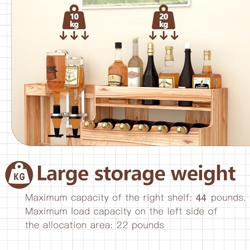 ybaymy Wine Rack Wall Mounted with 2-Bottle Liquor Dispenser Wall Mounted Wood Wine Shelf with Bottle Stemware Glass Holder, Rustic Wine Display