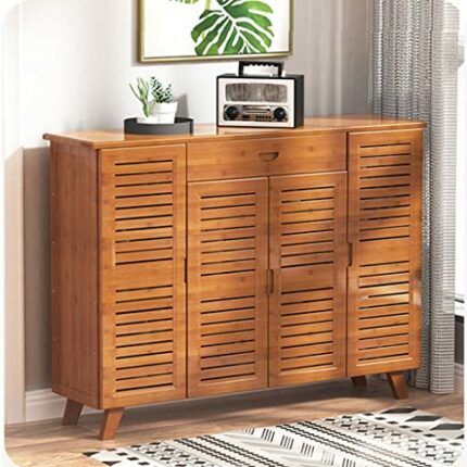 SkiPdr 4 tier Shoe Rack Bench with 4 Doors & drawer bamboo Shoes Organizer for 28-36 Pairs Entryway Hallway Living Room