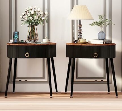 OIOG Round Nightstands Set of 2, Side Tables with Storage Drawer, Modern Bedside End Tables for Small Space in Living Room, Bedroom, Dorm, Rustic
