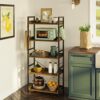 Rolanstar Bookshelf 5 Tier with 4 Hooks, Industrial Wood Bookcase, Vintage Storage Rack with Open Shelves, Rustic Standing Bookshelves Display Ra