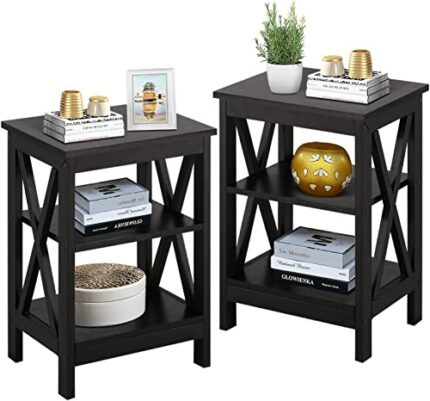 VECELO Night Stands for Bedroom Rustic Nightstand Bedside End Tables with Drawer Storage, Black, (Set of 2)