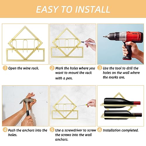 EATHEATY 2 Pack Metal Wall Mounted Wine Holder, Foldable Gold Hanging Wall Wine Rack Storage with Stem Glass Holders, Red Wine Bottle Display Han