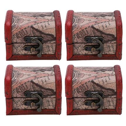 HERCHR 4Pcs Treasure Chest Small,Mini Wooden Treasure Storage Box 3.15×2.36×2.36inch Vintage Metal Lock Jewelry Treasure Chest Jewellery Box for