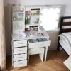 Dressing Vanity Desk with Mirror and Lights, Hollywood Girls Vanity Table Sliding Mirror with 5 Large Capacity Drawers and Cushion Stool for Bedr