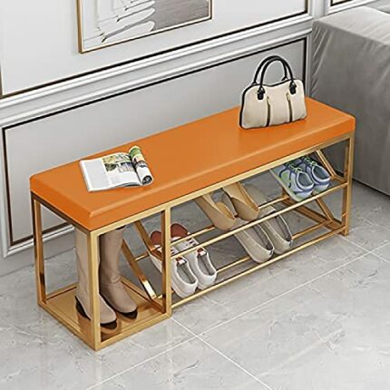 2 Tier Shoe Rack Bench With Boot Storage, Living Room Entry Bench, Metal Bench, Leather Upholstered Shoe Stool,Orange,80X30X45Cm(31X12X18Inch)