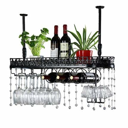 PIBM Ceiling Wine Rack, Hanging Wine Glass Holder, Vintage Wine Bottle Holder, Rustic Wall Mounted Wine Holder, Adjustable Height Stemware Rack,