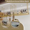 Industrial Bar Floating Shelf, 31.5" Ceiling Mounted Hanging Wine Bottle Holder, Gold Shelf, Wine Rack Wall Mounted, Champagne Glass Rack with Le