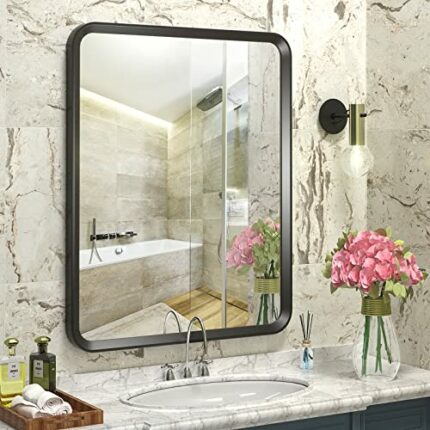GOLOMO 16x20 Black Bathroom Mirror, Black Matte Metal Framed Black Vanity Mirror, Rounded Rectangle Mirror, Anti-Rust, Shatterproof (Horizontal/V