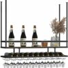 EMISOO Ceiling Mount Shelf Hanging Wine Rack with Glass Holder and Shelf, Adjustable Height Metal Ceiling Bar Wine Glass Rack, 2 Layer Industrial