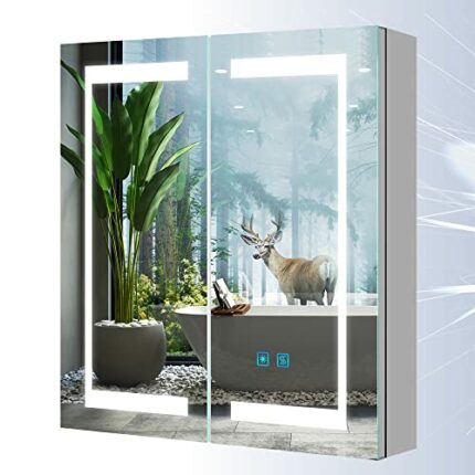 Tokvon® Gemini Bathroom Mirror Cabinet with LED light Wall Mounted with 2 doors dual plug shaver socket Anti-fog Demister Adjustable Dimmer 630 x