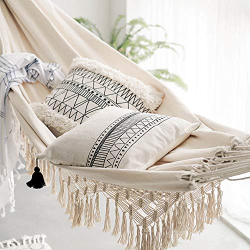 Handmade Cotton Woven Balcony Hammock Hanging Rope Chair Porch Swing with Crochet Fringe for Backyard Patio Garden Outdoor and Indoor Boho Style