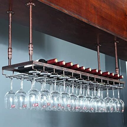 Retro Wine Stemware Rack, Metal Wine Bottle Rack Ceiling Mounted Hanging Wine Goblet Holder, Vintage Wine Rack for Kitchen Bar Pub Restaurants -B