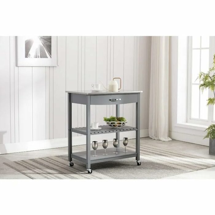 JJZXD Kitchen Cart With Stainless Steel Top, Gray Rolling Cart