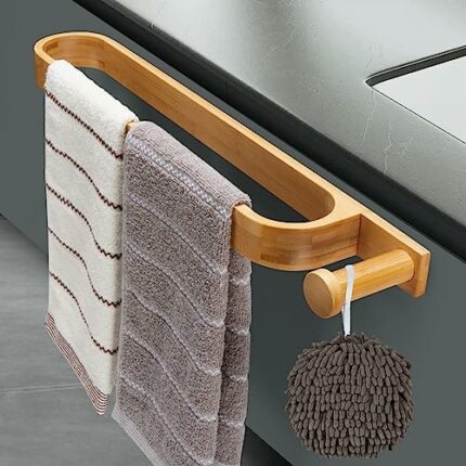 Towel Rail Wall Mounted with Hooks, Hand Towel Holder Self Adhesive, Bamboo Towel Bar Towel Racks for Bathroom and Kitchen 40cm(15 3/4inch)