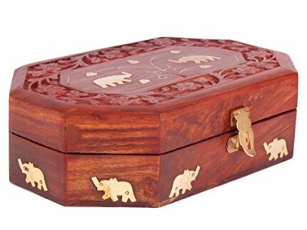 Christmas Gifts Majestic Wooden Jewellery Keepsake Storage Box Organiser Hand Carved Chest with Elephant Brass Inlay