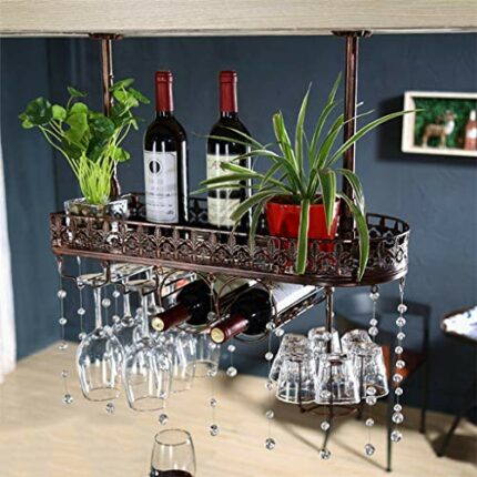 PIBM Ceiling Wine Rack, Hanging Wine Glass Holder, Vintage Wine Bottle Holder, Rustic Wall Mounted Wine Holder, Adjustable Height Stemware Rack,