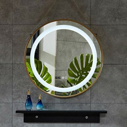 round Bathroom Mirror with Illuminated Led White Light Iron Frame with Sling and Demister Pad Touch Sensor Makeup 2 Colors,Size: Φ60/70Cm, Brownc