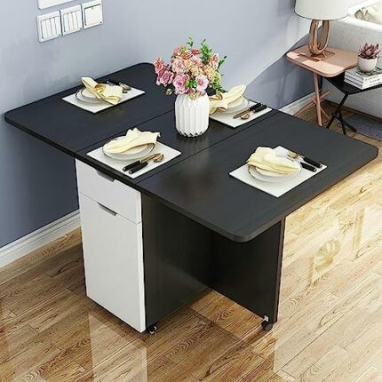 Wooden Folding Dining Table With Wheels Multifunction Desk Foldable Living Room Restaurant Kitchen Furniture Modern Simple Side End Table For Liv