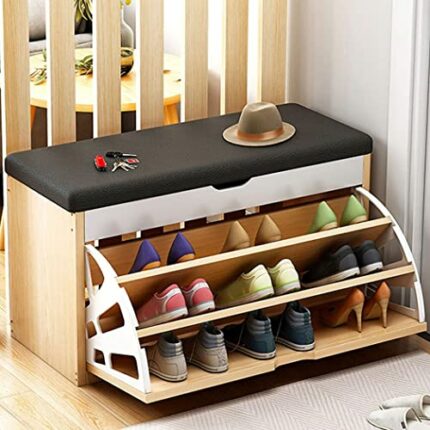 Entryway Bench with Hidden Shoe Rack, PU Shoe Bench Shoe Cabinet Shoe Changing Stool, Freestanding Shoe Rack Storage Organizer, Modern Home Hallw