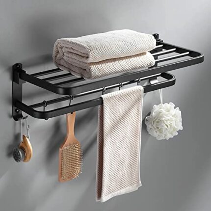 Towel Rack with Towel Bar - 60cm Bathroom Towel Rack Holder - Stainless Foldable Towel Shelves with Movable Hooks Black Wall Mount Towel Storage