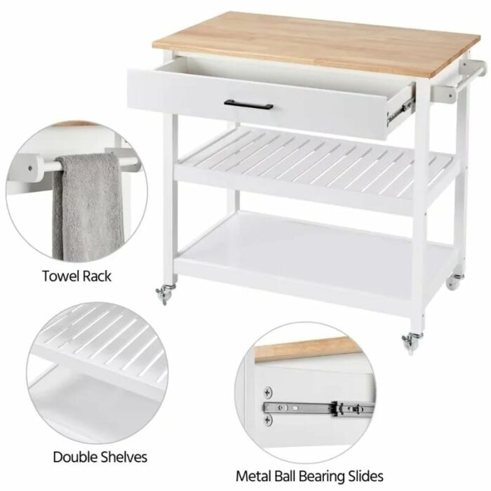 GRETD Wooden Kitchen Cart With Storage Shelves And Drawer Multi-Purpose Rolling Kitchen Furniture Rolling Storage Cart