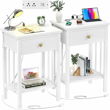Hoiplu White Nightstand with Charging Station Set of 2, Bamboo Night Stand Bedside Table with 2 USB Port and Outlet, Real Wood End Table Farmhous