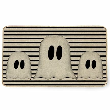 GEEORY Halloween Ghost Welcome Door Mat 17 X 29 Inch, Spooky Black and White Stripes Decorative Front Doormat Non-Slip Low-Profile Rug Decoration