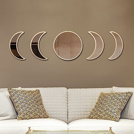 5pcs Moon Phase Mirror Set-100% Real Glass Mirror - Bohemian Home Wall Decor forLiving Room Dining Room,with Rope Self-Adhesive with 4 Stars Wood