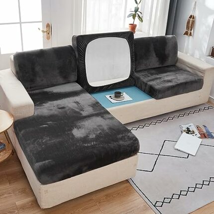 Soft Velvet Sofa Cushion Cover, Stretch Sofa Covers 3 Seater for Sectional Sofa L Shape, Anti Slip Sofa Cushion Slipcover Furniture Protector for