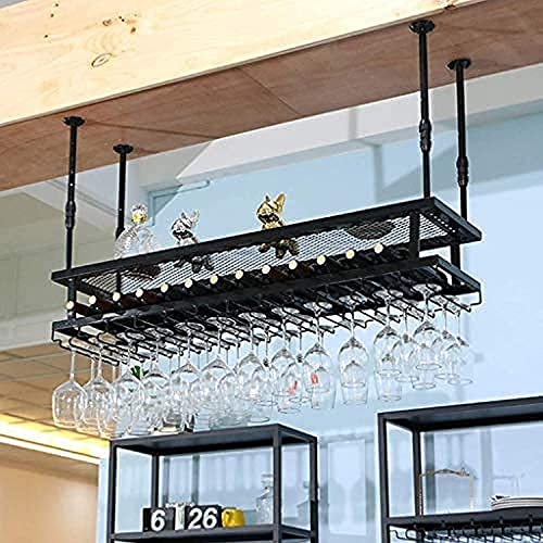 Qunine Wine Rack Wine Rack Ceiling Wine Racks,Bar,Restaurant,Wine Glass Rack,Home Hanging Stemware Holder Ceiling Red Iron Art 2-Tiers Wine Bottl