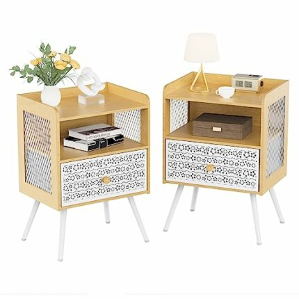 Iirios Nightstands Set of 2, End Table with Open Shelf, 2-Tier Night Stand with Adjustable Metal Floral Drawer, Night Stand for Bedroom Sofa Side