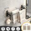 Towel Rail, Black Self Adhesive Towel Holder with Anti Rust Aluminium, 2-Tier Double Rod Towel Shelf Bar with 2 Hooks, No Drilling Towel Storage