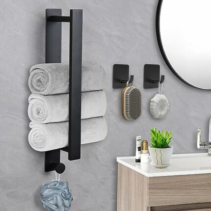 Ainiv Towel Rail Wall Mounted with 2 Hooks, Stainless Steel Black Towel Rail, Self Adhesive Towel Rail No Drilling, Vertical or Horizontal Instal