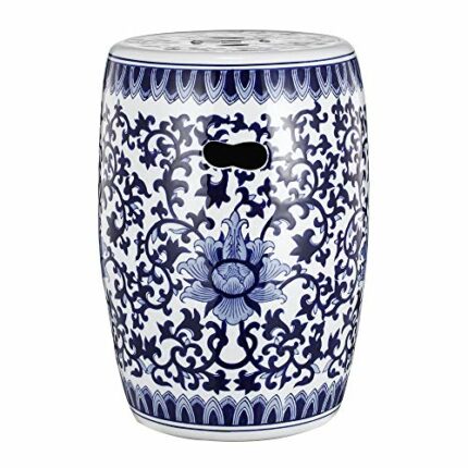 Blue and White Asian Style Stool Indoor Outdoor Multi Purpose Versatile Design Sturdy Glazed Porcelain Finish 11" x 11" x 16"