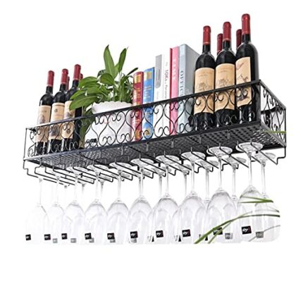 EYLINK Wine Racks Metal, Wall Mounted Hanging Wine Shelf with Glass Holder and Bottle Holder Rustic Wine Holder Champagne Goblet Stemware Rack, L