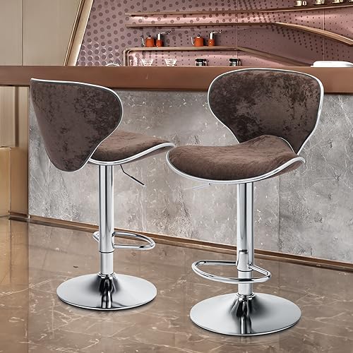 MoNiBloom Brown Velvet Bar Stools Set of 2 Counter Height Barstools with Back Swivel Bar Chairs with Metal Base Modern Adjustable Kitchen Island
