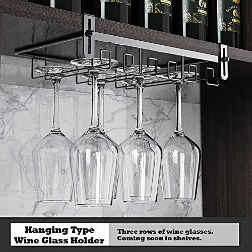 Chinese style wine glass holder.Black.Hanging type 2 row wine glass holder.Stainless steel.No need to drill.Adjustable.Bar,kitchen or study.A sto