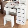 Dradaomull Makeup Dressing Table with Mirror and LED Light, Adjustable Brightness 3 Lighting Modes Vanity Dresser with Stool and Lots Storage for