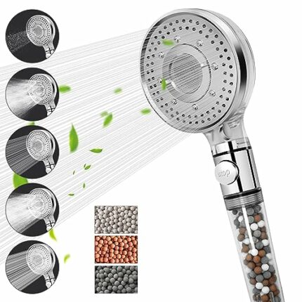Shower Head Filter, 5 Spray Modes Shower Heads with Stop Switch Water Saving, High Pressure Universal Showerheads for Hard Water
