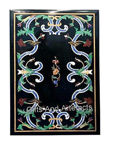Gifts And Artefacts 36 x 48 Inches Heritage Art Dining Table Top with Royal Look Black Marble Rectangle Shape Kitchen Table for Hotel Decor