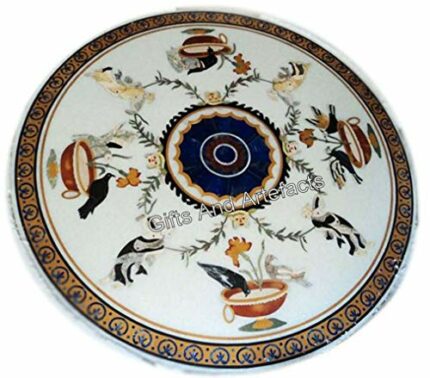 Gifts And Artefacts 36 x 36 Inches Round Shape White Marble Sofa Center Table Top Bird Pattern Inlay Work Dining Table for Home Furniture Decor