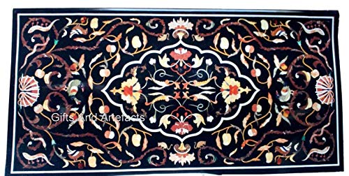 Gifts And Artefacts 30 x 60 Inches Pietra Dura Art Dining Table Top for Home Furniture Decor Rectangle Shape Black Marble Office Meeting Table wi