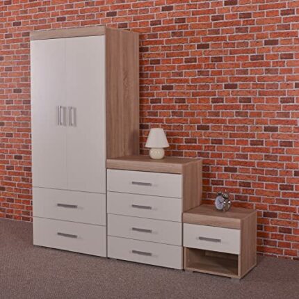 DRP Trading 3 Piece White & Sonoma Oak Bedroom Furniture Set! Wardrobe, 4 Drawer Chest, 1 Draw Bedside Table