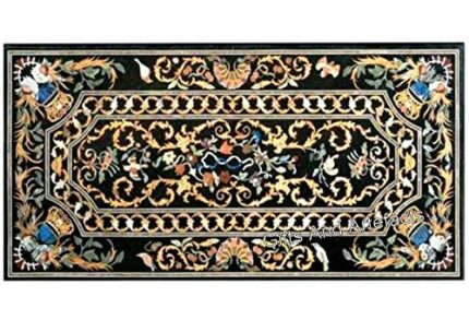 Gifts And Artefacts 30 x 60 Inches Nature Pattern Inlay Work Dining Table Top Rectangle Black Marble Kitchen Table for Hotel Decor