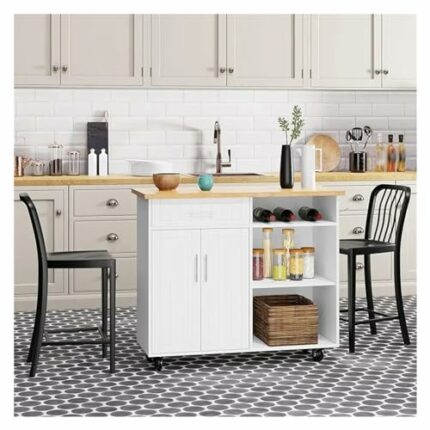 JJZXD Kitchen Island Cart With Storage,Rolling Kitchen Island Side Table On Wheels with Large Worktop,Storage Cabinet