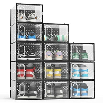 Hrrsaki 12 Pack Large Shoe Storage Boxes, Shoe Boxes Clear Plastic Stackable, Shoe Organizer Boxes with Front Opening Lids, Bathroom, Fit for Wom
