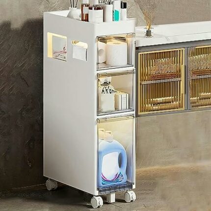 9''W Small Bathroom Storage Cabinet, 4 Tier Narrow Bathroom Floor Cabinet Large Capacity with Plastic Drawers and Casters Slim Toilet Paper Stora